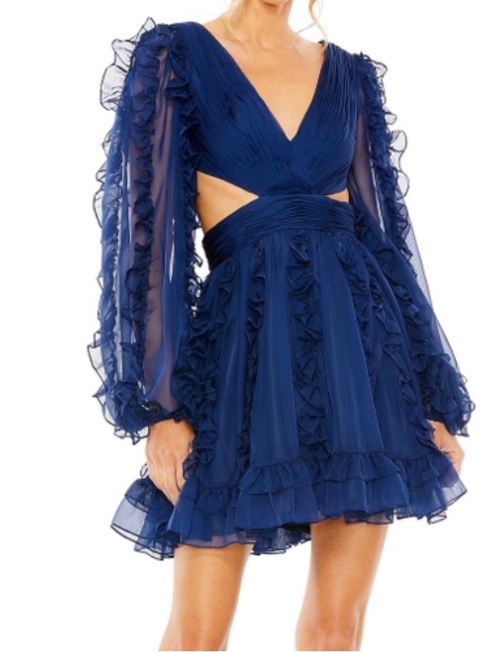 NWT: Mac Duggal chiffon cutout long-sleeve ruffle mini dress in indigo.